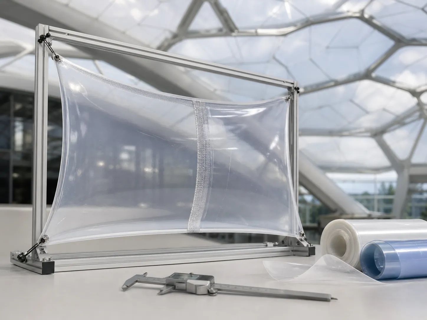 Mẫu màng ETFE trong suốt được căng thử trên khung kỹ thuật