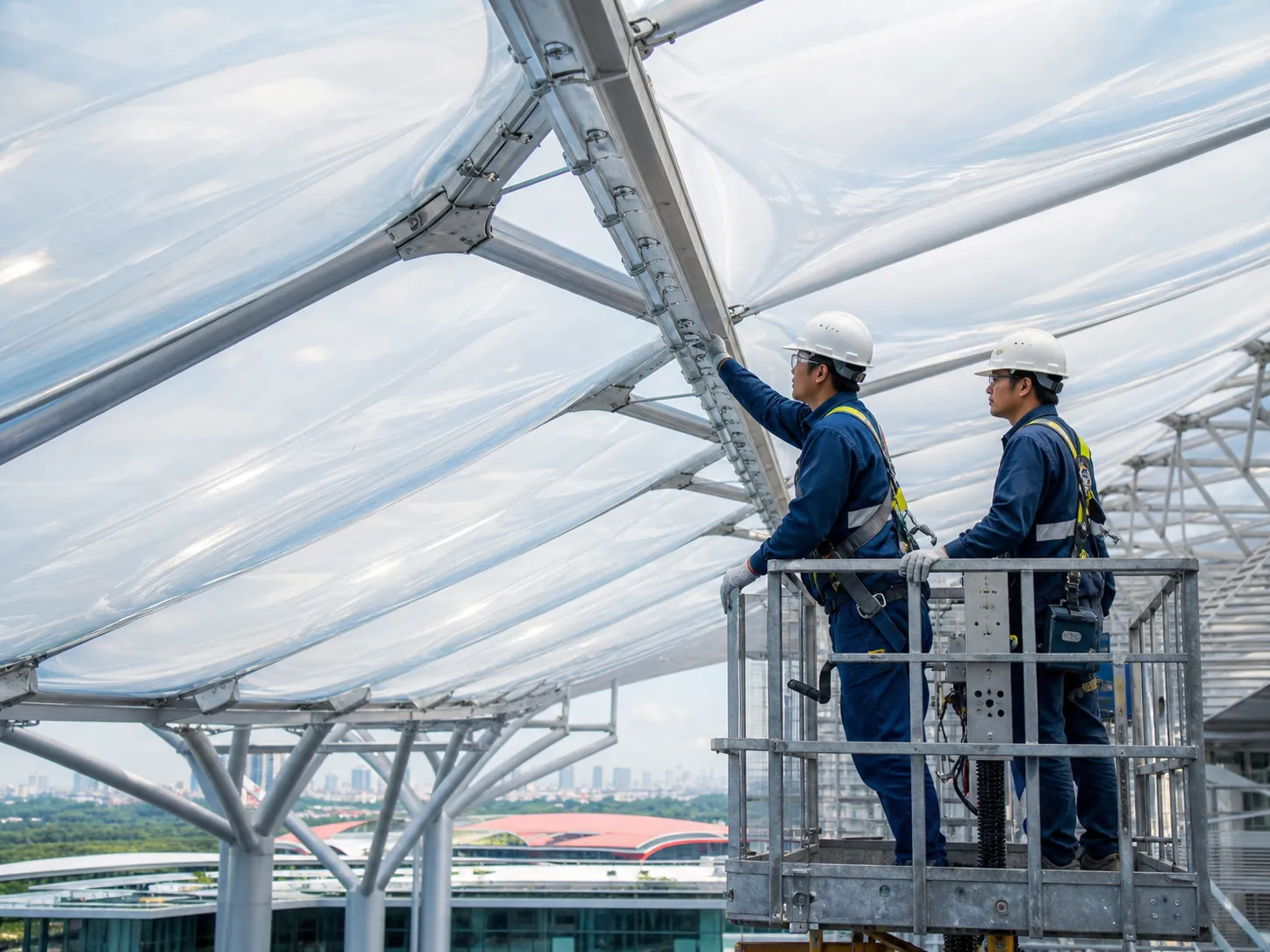 Kỹ thuật viên thi công và kiểm tra hệ mái ETFE
